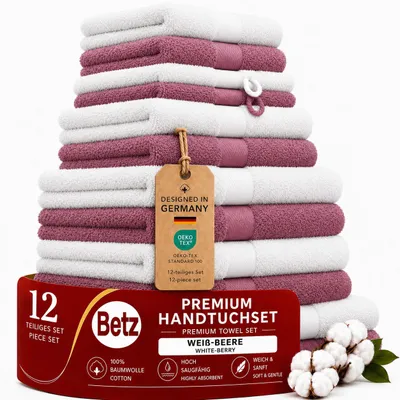 Produktbild von Betz 12-tlg. Handtuch-Set PREMIUM 2 Duschtücher 4 Handtücher 2 Gästetücher 2 Seiftücher 2 Waschhandschuhe  Farbe: weiß / beere