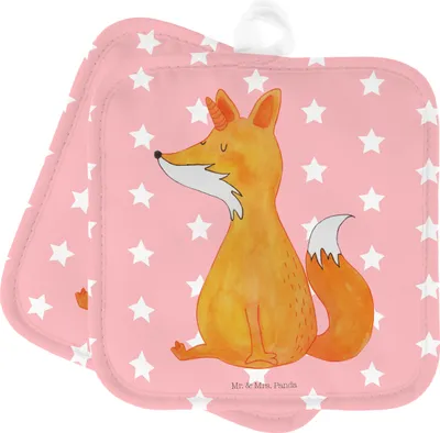 Produktbild von Mr. & Mrs. Panda 2er Set Topflappen  Einhorn Fuchs - Rot Pastell - Geschenk, Einhörner, Kochlappen, Topfuntersetzer, Unicorn, topfhalter, Unicorns, Fuchshörnchen, Füchse