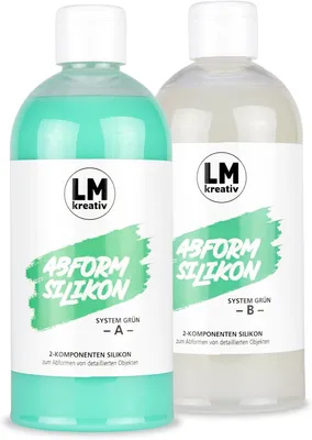 Two bottles of liquid silicone molding compound are shown side-by-side against a white background.
