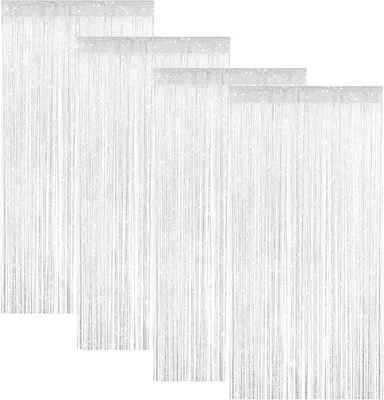 Imagen del producto de Cortinas de hilo - Juego de 4 cortinas de hilo - Brillante - Cortina de cuentas - Divisor de ambientes, decoración para ventanas, ideal para bodas - Decoración para fiestas (blanco)