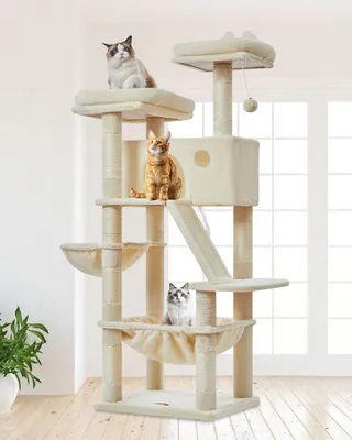 Image de Arbre à gratter pour grands chats, 146 cm, 7 poteaux à gratter, 2 plateformes, une cabane, un hamac, des boules en peluche, couleur beige