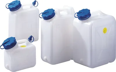 Four white plastic jerrycans with blue caps are arranged on a white background.