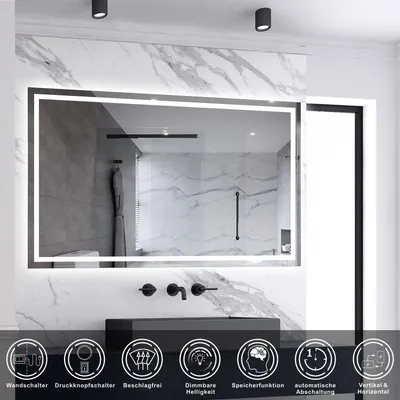 A modern bathroom with a large LED mirror above a sink.