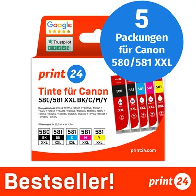 Image de NOUVEAU : print24 Cartouches d'encre pour Canon 580/581 XXL, multipack (BK/BK/C/M/Y), 5 pièces