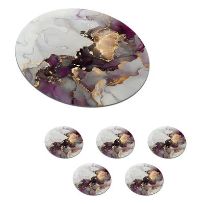 Produktbild von KitchenYeah® Glasuntersetzer Rund 6er Set Marmor - Abstrakt - Gold - Lila 10x10 cm Untersetzer für Gläser - Getränkeuntersetzer - Tischplattenschutz - Tischuntersetzer für Tassen Tisch Bar Glas