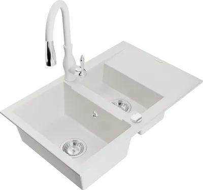Image de Mexen Gaspar évier en granit 1,5 bac avec égouttoir et mélangeur Savita, blanc - 6507-20-672601-20