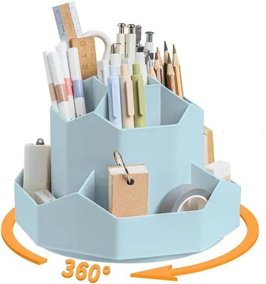 Produktbild von Unyqoos® Drehbarer Schreibtisch-Organizer – multifunktionaler, platzsparender Stiftehalter, 9 Fächer, Blau, 17,8×17,8×13 cm, dickes PP, für 180 Stifte
