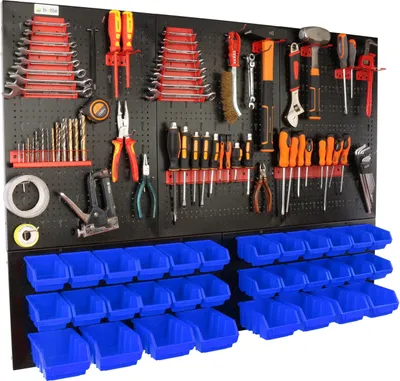 Produktbild von botle® Werkzeugwand Lochwand aus Metall, Stapelboxen + Wandregal + Werkzeughalter 59-tlg Set, Kleinteilelager,  Wandwerkstatt mit 32 stapelbaren Blau Behältern, Hängeregal Sortierregal