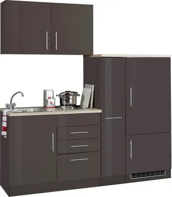 Produktbild von Singleküche Toronto 190 cm creme hochglanz mit Apothekerschrank Kühlschrank Kochmulde und Einbauspüle in Edelstahl