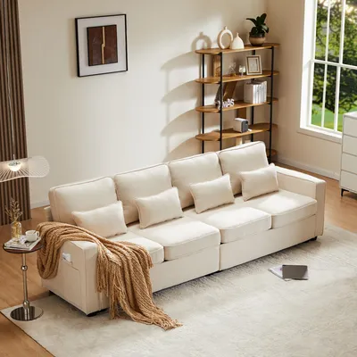 Image de OKWISH Canapé Droit 4 Places avec Accoudoirs et Coussins Amovibles, Revêtement en Lin, 264 x 83 x 87 cm - Beige