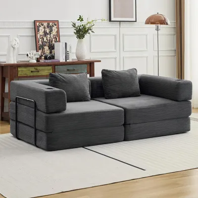 Zdjęcie produktu dla Dwuosobowa sofa podłogowa z obiciem z cordu - sofa rozkładana - modułowa - składana - uniwersalna - z uchwytami na napoje - nie wymaga montażu