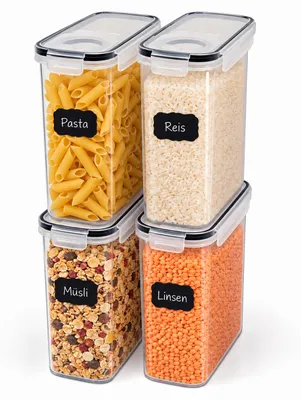 Produktbild von Relaxdays Vorratsdosen, 4er Set, 4 l, luftdichter Deckel, Klickverschluss, Etiketten, Frischhaltedosen, transparent, KI-generiertes Bild