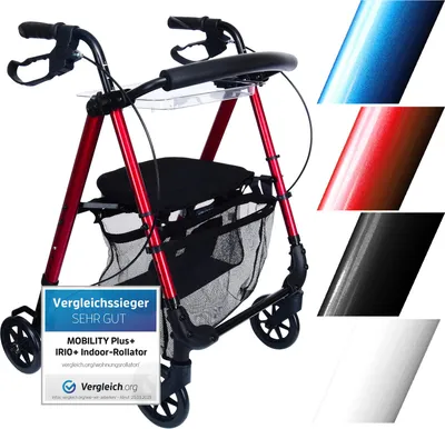 Produktbild von Leichter Indoor Rollator IR10+ Blau - Wohnungsrollator schmal & faltbar - inkl. Rückengurt, Netztasche & Tablett - MOBILITY PLUS+