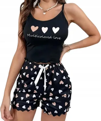 Immagine prodotto di Set pigiama - Pigiama da notte da donna - Camicia da notte e pantaloncini - Motivo a cuore - Taglia unica - Bianco e nero