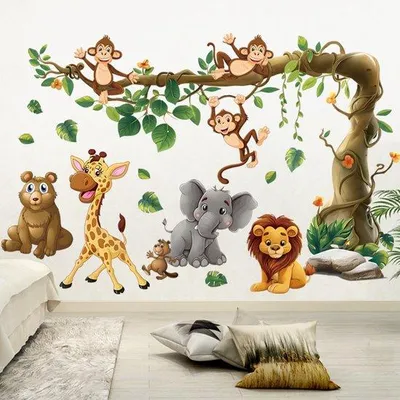 Produktbild von 2-teiliger Wandstreifen mit Tiermotiv, Wanddekoration, Kinderzimmer, Babyzimmer, Wandstreifen mit Dinosauriern - weiß