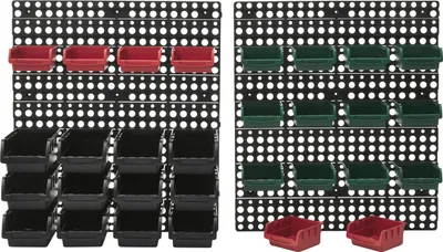 Two pegboards with storage bins attached.