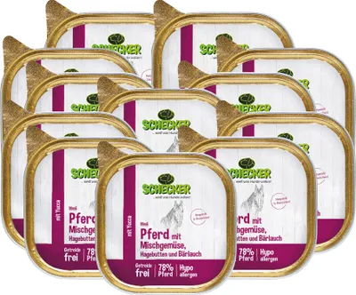 Produktbild von 12 x 200 g - Schecker Hundemenü - mit 78% Pferd mit Mischgemüse, Hagebutten und Bärlauch