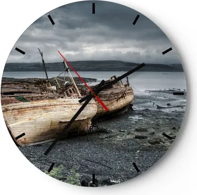 Produktbild von Wanduhr - Rund - Glasuhr - Boot Wrack Ufer - 40x40cm - Schleichendes Uhrwerk - Lautlos - zum Aufhängen bereit - Dekoration Modern - Wanddekoration aus Glas - C3AR40x40-3810