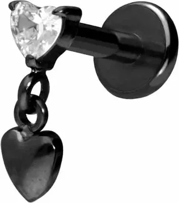 Produktbild von Ohrpiercing, Nasenpiercing Titan Labret mit Push Fit 2 HERZEN Schwarz |  Kristall: Kristallklar Stablänge: 6mm | Stabstärke: 1,2mm