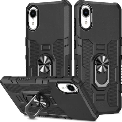Obrázek produktu pro iPhone XR Pouzdro, odolné dvouvrstvé pouzdro s držákem prstenu a stojánkem pro iPhone XR černé