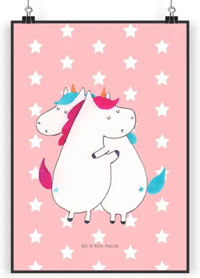 Produktbild von Mr. & Mrs. Panda Bild Einhörner Umarmen DIN A4 - Rot Pastell - Geschenk, Liebe, Schwester, Unicorn, wanddeko, Schwestern, kunstdruck poster, drucke, Freundinnen, Wandbild