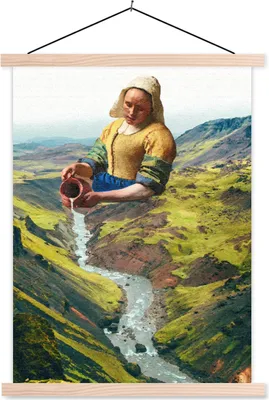 Produktbild von MuchoWow® Textilposter Milchmädchen - Vermeer - Berge 60x80 cm mit holzfarbenen Rahmen - Wandbild