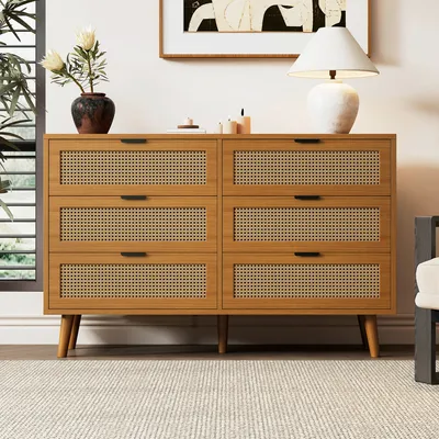 Produktbild von Merax komoda kredens z 6 szufladami i nogami z litego drewna, kredens rattan wiklina, komoda z szufladami drewniane szafki do salonu 120x40x76,5cm