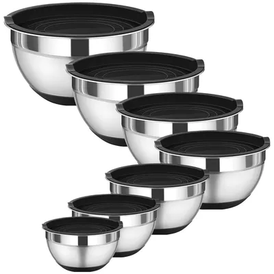 Produktbild von 7-teiliges Edelstahl-Schüsselset mit Deckeln, schwarz; stapelbare Rührschüsseln aus Edelstahl mit luftdichten Deckeln, 4 l/2,3 l/1,6 l/1,3 l/0,9 l/0,6 l; spülmaschinenfest
