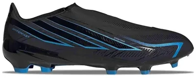 Immagine prodotto di Scarpe da calcio Adidas F50 Hyperfast League, senza lacci, per terreni compatti, nelle colorazioni "Core Black / Core Black / Lucid Ray Blue", unisex