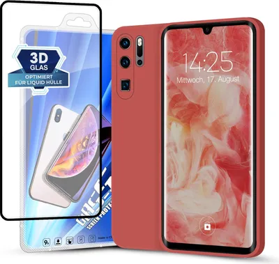 Produktbild von Hülle für Huawei P30 Pro mit 9H Displayglas Displayschutz Plus Case Cover Bumper Silikon Softgrip Schutzhülle Farbe: Rot
