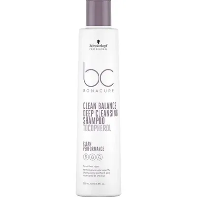 A white bottle of Schwarzkopf Bc Clean Balance Deep Cleansing Shampoo with a purple cap.