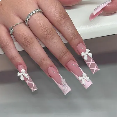 Image de Faux ongles longs, forme carrée avec motif French, effet 3D, en acrylique, 24 pièces, forme squoval, pour manucure