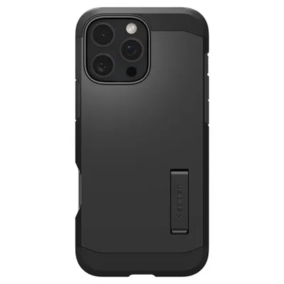 A black iPhone case with a kickstand is shown against a white background.