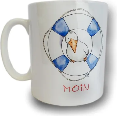 Produktbild von Maritimer Kaffeebecher Motivbecher Moin Rettungsring und Möwe Rot Blau
