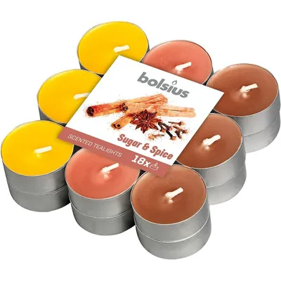 Zdjęcie produktu dla Bolsius tealight zapachowy aluminiowy 3-kolorowy 4h Sugar and Spice 18 szt