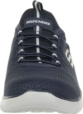 A close-up front view of a blue Skechers shoe.
