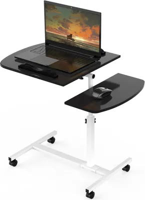 A black adjustable laptop table with a laptop and mouse on it, shown on a white background.
