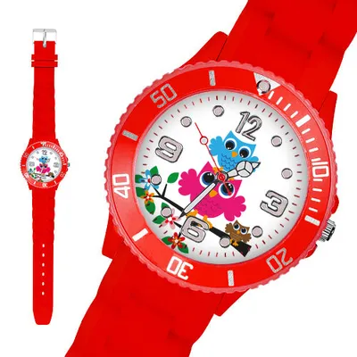 Produktbild von Taffstyle Kinder Armbanduhr Kinder Silikon Armbanduhr mit Eulen Motiv, Rot / 34mm