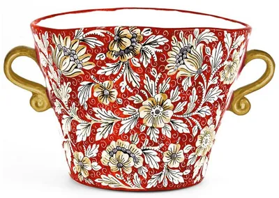 Image de Casa Padrino Pot de fleurs en céramique de luxe avec 2 poignées rouge / multicolore Ø 27 x H. 20 cm - Pot de plantes en céramique fait et peint à la main - Qualité de luxe - Italy