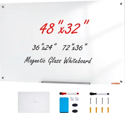 Produktbild von VEVOR Magnetisches Glas-Whiteboard, Wandtafel Trocken Abwischbare Tafel 120 x 80 cm, Wandmontiertes Weißes Glasboard ohne Rahmen, mit Stiftablage, einem Radiergummi& 2 Stiften, Magnettafel Weiß