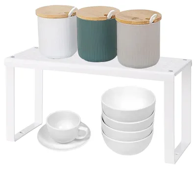 Productafbeelding van Keukenrek-organizer, bordenrek, wit, vrijstaand rek, kruidenrekken, keuken, stapelbaar, plank voor keukenkast, aanrecht