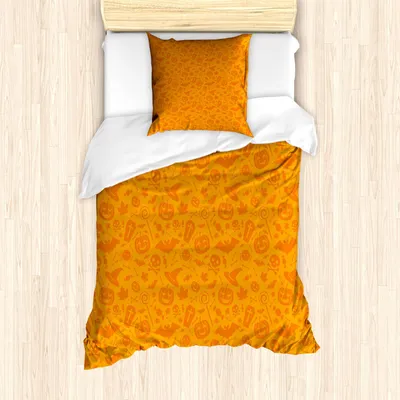 Immagine prodotto di Set copripiumino ABAKUHAUS Halloween, design monocolore con motivi tradizionali di Halloween, stampa con vari oggetti, zucca e pipistrello, 135 x 200 cm + 80 x 80 cm, arancione