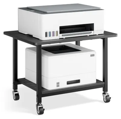 Produktbild von Omgoods – Druckerstandfuß mit abschließbaren Rollen – Rollbarer Druckerwagen mit 2 Ebenen, Schwarz