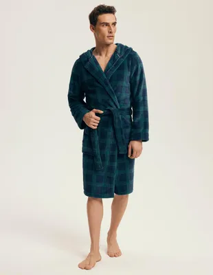 Produktbild von Bademantel Henderson klassisch dunkelblau mit Kapuze aus 100% Polyester M