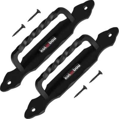 Two black metal door handles with screws on a white background.