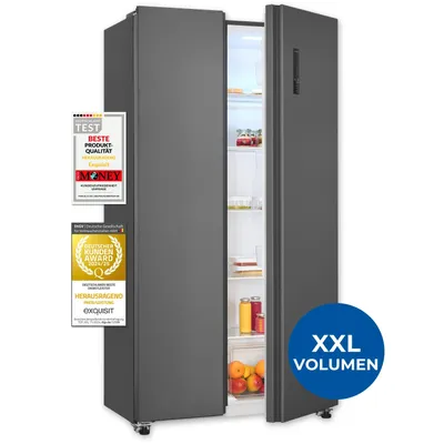 A side-by-side refrigerator with its doors open, displaying food items inside. Several award badges are attached to the left door.