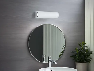 A bathroom vanity with a round mirror, a wall-mounted light fixture, and a sink.