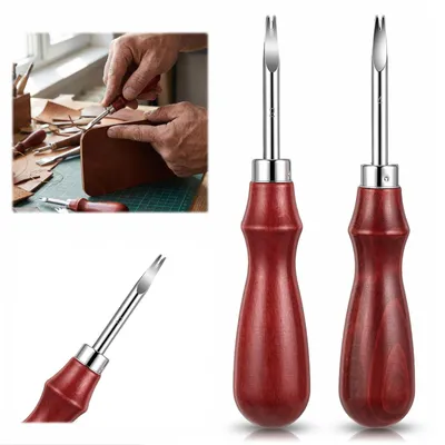 Image de Couteaux à découper le cuir - Ensemble avec manche en bois de hêtre - Pour le travail du cuir et l'artisanat - 0,8 mm et 1,2 mm - 2 pièces