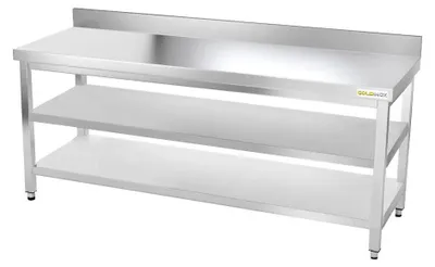 Image de Table de travail en inox 1800 x 600 mm adossée avec 2 étagères PREMIUM - GOLDINOX