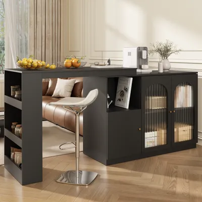 Produktbild von Odikalo Tresentisch Stehtisch Couchtisch Schwenkbar Stauraum Glastür120x40x97cm Schwarz